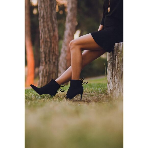 Women's Pointed Toe Heel Ankle Booties Kitten Stiletto Bowtie Strappy Boot Black - Picture 4 of 8